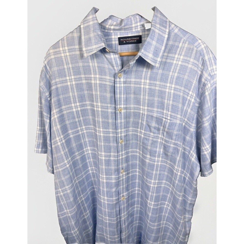 Roundtree & Yorke Button Up Shirt Mens XL Blue White Check Lyocell Cotton Blend‎